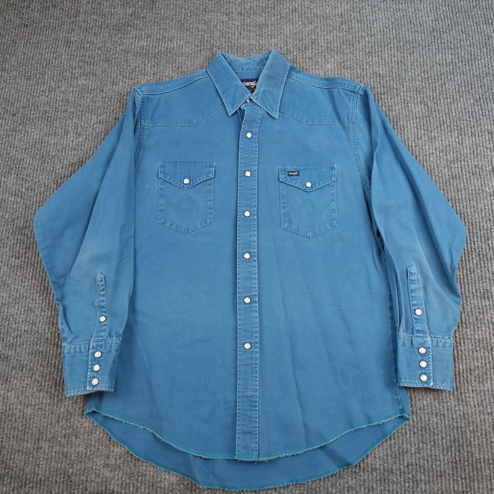 Vintage Wrangler Pearl Snap Shirt Mens Large Blue Long Sleeve Western Casual
